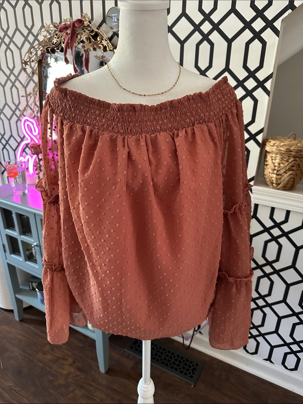 Off-the-Shoulder Mauve Textured Swiss Dot Blouse